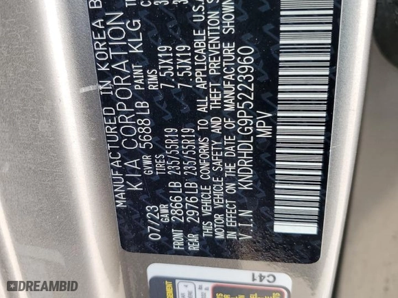 2023 Kia Sorento Hybrid EX with VIN KNDRHDLG9P5223960, listed as a Copart auction lot 45123105 with 84,581 mi miles and Salvage Title. Bid and sale history available at carsss.com. Image 14.
