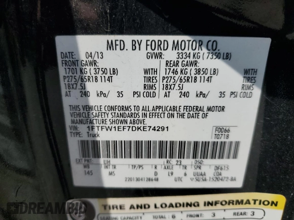 2013 Ford F-150 XL with VIN 1FTFW1EF7DKE74291, listed as a Copart auction lot 53245535 with 175,088 mi miles and Salvage Title. Bid and sale history available at carsss.com. Image 12.