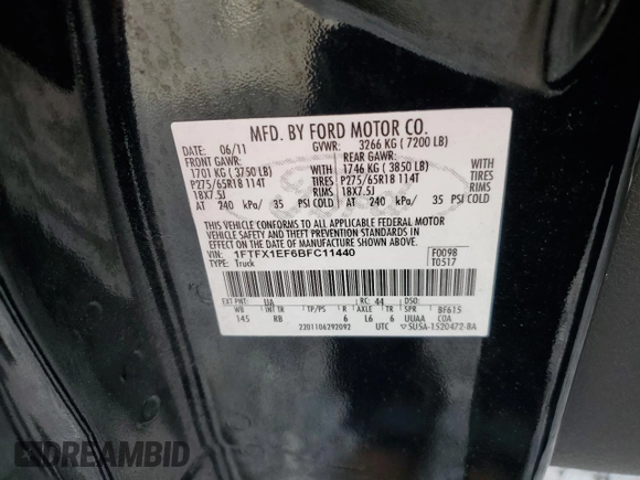 2011 Ford F-150 XL with VIN 1FTFX1EF6BFC11440, listed as a Copart auction lot 62818115 with 119,377 mi miles and Salvage title. Bid and sale history available at DreamBid. Image 13.