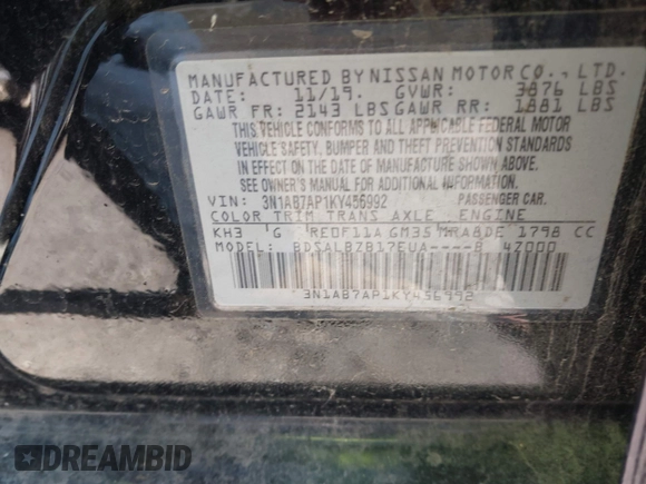 2019 Nissan Sentra S z VIN 3N1AB7AP1KY456992, wystawiony jako IAAI lot #41237654 z przebiegiem 88 099 mil mil oraz . Historia ofert i sprzedaży dostępna na DreamBid. Obrazek 9.