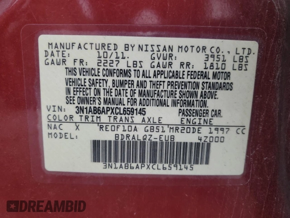 2012 Nissan Sentra S with VIN 3N1AB6APXCL659145, listed as a Copart auction lot 66716664 with 88,533 mi miles and Salvage Title. Bid and sale history available at DreamBid. Image 12.