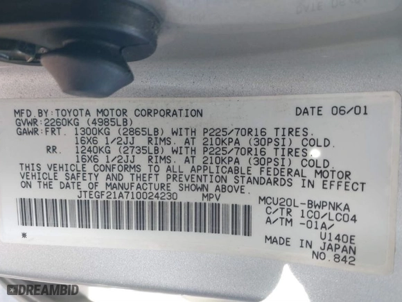 2001 Toyota Highlander with VIN JTEGF21A710024230, listed as a IAAI auction lot 41561016 with 172,704 mi miles. Bid and sale history available at carsss.com. Image 9.