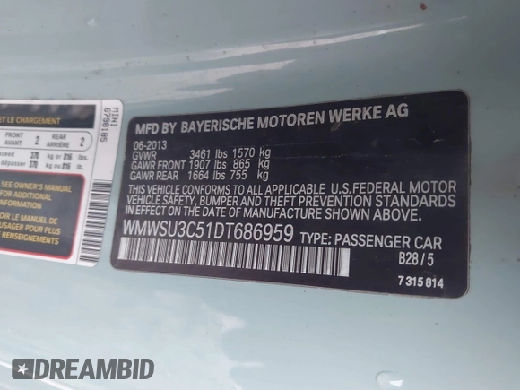2013 MINI Hardtop z VIN WMWSU3C51DT686959, wystawiony jako IAAI lot #41020389 z przebiegiem 86 770 mil mil oraz . Historia ofert i sprzedaży dostępna na DreamBid. Obrazek 9.