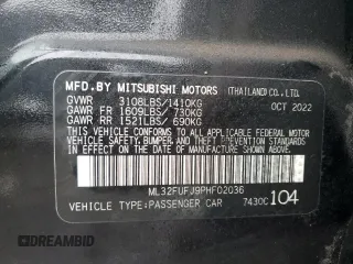 2023 Mitsubishi Mirage G4 ES with VIN ML32FUFJ9PHF02036, listed as a Copart auction lot 44941515 with 43,514 mi miles and Salvage Title. Bid and sale history available at carsss.com. Image 14.
