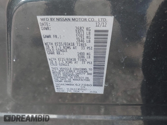 2013 Nissan Pathfinder SL with VIN 5N1AR2MM8DC627080, listed as a IAAI auction lot 42393981 with 236,401 mi miles and . Bid and sale history available at DreamBid. Image 9.