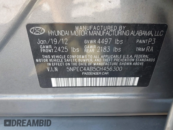 2012 Hyundai Sonata Limited with VIN 5NPEC4AB5CH456300, listed as a IAAI auction lot 40675019 with 150,523 mi miles and . Bid and sale history available at DreamBid. Image 9.
