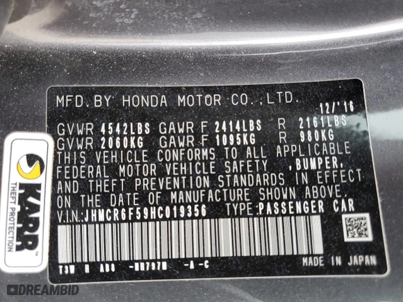 2017 Honda Accord Hybrid EX-L with VIN JHMCR6F59HC019356, listed as a Copart auction lot 47899545 with 67,658 mi miles and Salvage Title. Bid and sale history available at carsss.com. Image 12.