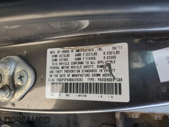 2011 Honda Accord EX-L with VIN 1HGCP3F88BA029560, listed as a Copart auction lot 56164185 with 154,983 mi miles and Salvage title. Bid and sale history available at DreamBid. Image 12.