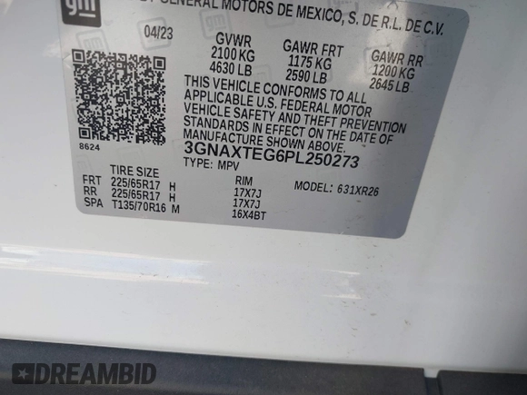 2023 Chevrolet Equinox LT with VIN 3GNAXTEG6PL250273, listed as a IAAI auction lot 41856123 with 7,900 mi miles and . Bid and sale history available at DreamBid. Image 9.