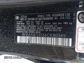 2006 BMW 5 Series 525i with VIN WBANE53536CK80349, listed as a IAAI auction lot 41973176 with 139,558 mi miles and . Bid and sale history available at DreamBid. Image 9.