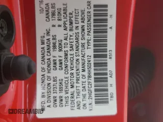 2017 Honda Civic EX z VIN 2HGFC2F78HH502412, wystawiony jako Copart lot #51948665 z przebiegiem 133 900 mil mil oraz Szkoda całkowita • Salvage title. Historia ofert i sprzedaży dostępna na DreamBid. Obrazek 13.