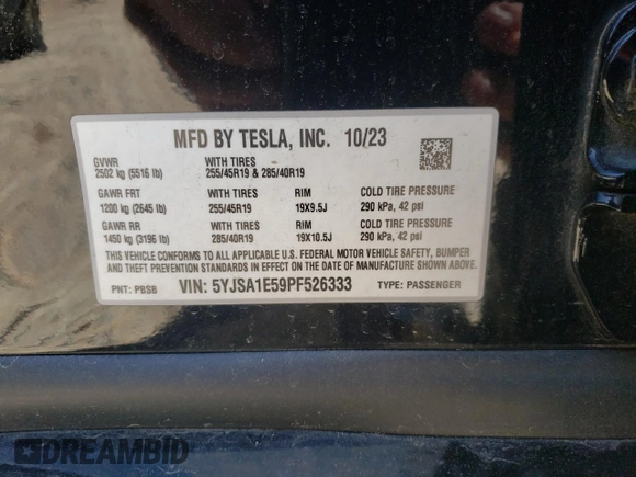 2023 Tesla Model S with VIN 5YJSA1E59PF526333, listed as a Copart auction lot 50607085 with Not provided miles and Salvage title. Bid and sale history available at DreamBid. Image 14.