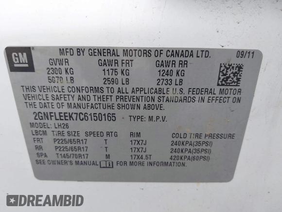 2012 Chevrolet Equinox LT w/1LT with VIN 2GNFLEEK7C6150165, listed as a IAAI auction lot 41739410 with 148,987 mi miles. Bid and sale history available at carsss.com. Image 9.
