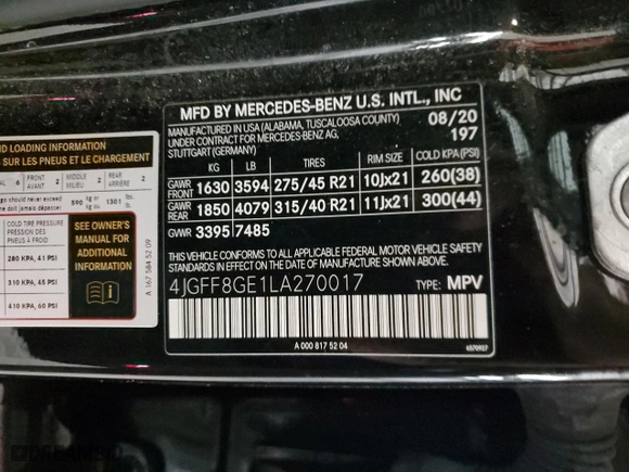 2020 Mercedes-Benz GLS with VIN 4JGFF8GE1LA270017, listed as a Copart auction lot 75921354 with 51,242 mi miles and Clean Title. Bid and sale history available at carsss.com. Image 13.
