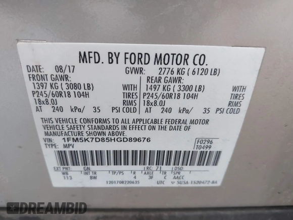 2017 Ford Explorer XLT z VIN 1FM5K7D85HGD89676, wystawiony jako IAAI lot #42313283 z przebiegiem 89 358 mil mil oraz . Historia ofert i sprzedaży dostępna na DreamBid. Obrazek 9.