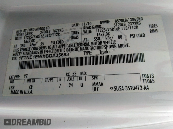 2011 Ford Econoline Cargo Commercial with VIN 1FTNE1EWXBDA35683, listed as a IAAI auction lot 41341685 with 137,031 mi miles and . Bid and sale history available at DreamBid. Image 9.