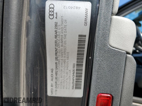 2017 Audi A4 Premium with VIN WAUGNAF43HN051553, listed as a Copart auction lot 46969525 with 174,911 mi miles and Clean Title. Bid and sale history available at carsss.com. Image 12.