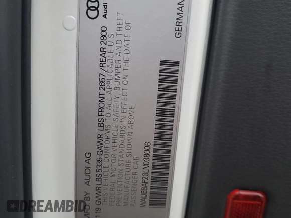 2020 Audi A6 Premium Plus with VIN WAUE8AF20LN038006, listed as a Copart auction lot 85310974 with 80,154 mi miles and Salvage Title. Bid and sale history available at carsss.com. Image 13.