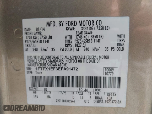2014 Ford F-150 XL with VIN 1FTFX1EF3EFA91472, listed as a IAAI auction lot 42112651 with 1 mi miles. Bid and sale history available at carsss.com. Image 9.