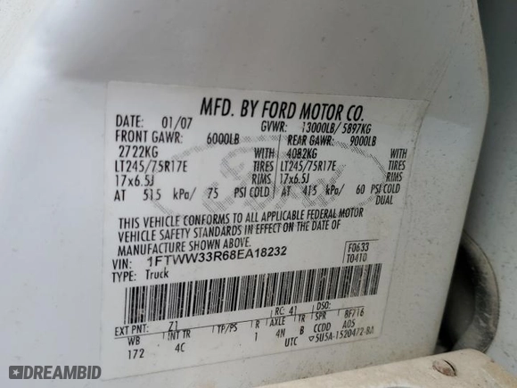 2008 Ford Super Duty F-350 DRW XL with VIN 1FTWW33R68EA18232, listed as a Copart auction lot 66280064 with 0 mi miles and Salvage Title. Bid and sale history available at carsss.com. Image 10.