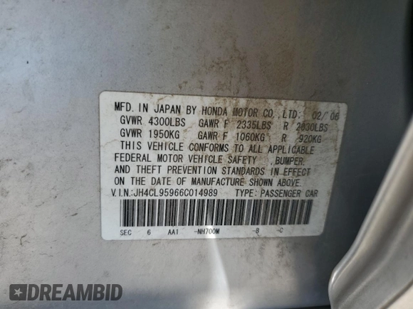 2006 Acura TSX Navi with VIN JH4CL95966C014989, listed as a Copart auction lot 58753795 with 165,823 mi miles and Salvage title. Bid and sale history available at DreamBid. Image 12.