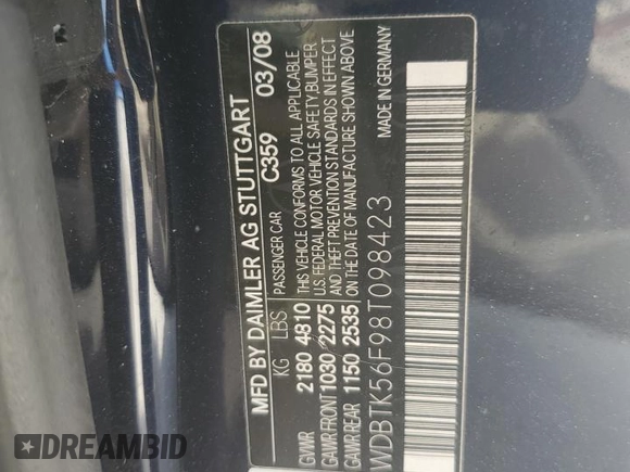 2008 Mercedes-Benz CLK 350 with VIN WDBTK56F98T098423, listed as a Copart auction lot 81195204 with 84,689 mi miles and Salvage Title. Bid and sale history available at DreamBid. Image 12.