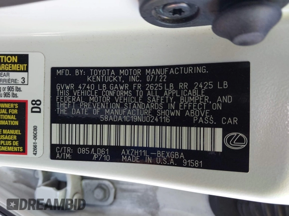 2022 Lexus ES 300h z VIN 58ADA1C19NU024116, wystawiony jako IAAI lot #41630532 z przebiegiem 22 141 mil mil oraz . Historia ofert i sprzedaży dostępna na DreamBid. Obrazek 9.