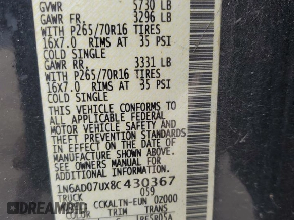 2008 Nissan Frontier SE with VIN 1N6AD07UX8C430367, listed as a Copart auction lot 64391335 with 177,351 mi miles and Clean title. Bid and sale history available at DreamBid. Image 12.