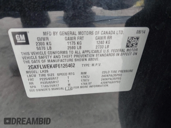 2015 GMC Terrain SLE z VIN 2GKFLWEK4F6126462, wystawiony jako IAAI lot #42153882 z przebiegiem 134 963 mil mil oraz . Historia ofert i sprzedaży dostępna na DreamBid. Obrazek 9.