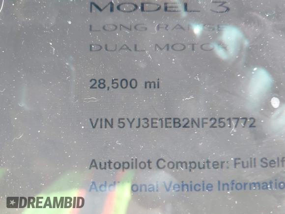 2022 Tesla Model 3 Long Range z VIN 5YJ3E1EB2NF251772, wystawiony jako IAAI lot #41773684 z przebiegiem 28 500 mil mil oraz . Historia ofert i sprzedaży dostępna na DreamBid. Obrazek 15.
