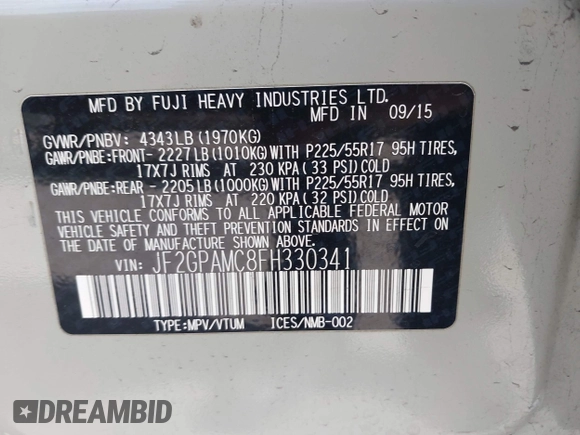 2015 Subaru Crosstrek Limited with VIN JF2GPAMC8FH330341, listed as a IAAI auction lot 42292651 with 128,849 mi miles and . Bid and sale history available at DreamBid. Image 9.