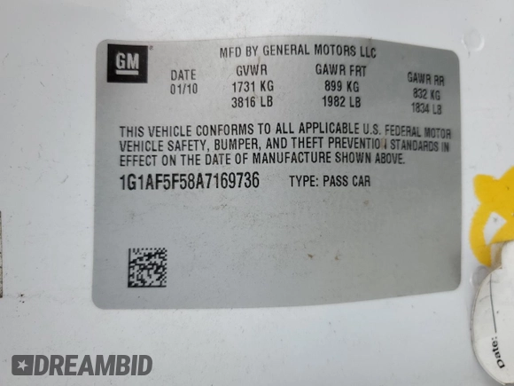 2010 Chevrolet Cobalt 2LT with VIN 1G1AF5F58A7169736, listed as a Copart auction lot 55512255 with 189,656 mi miles and Salvage Title. Bid and sale history available at DreamBid. Image 13.