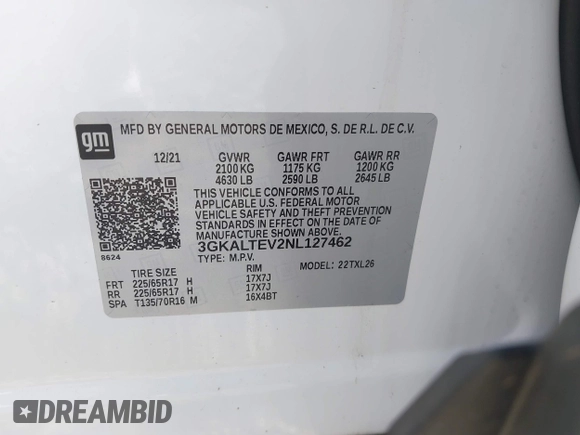 2022 GMC Terrain SLE with VIN 3GKALTEV2NL127462, listed as a IAAI auction lot 42169220 with 37,573 mi miles and . Bid and sale history available at DreamBid. Image 9.