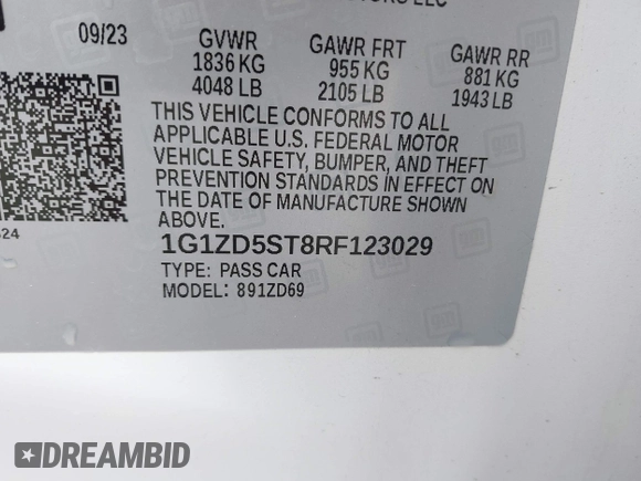 2024 Chevrolet Malibu LT with VIN 1G1ZD5ST8RF123029, listed as a IAAI auction lot 42212801 with 42,100 mi miles and . Bid and sale history available at carsss.com. Image 9.