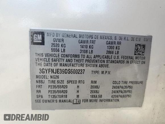 2013 Cadillac SRX Premium Collection with VIN 3GYFNJE39DS600237, listed as a Copart auction lot 56435535 with 138,635 mi miles and Salvage title. Bid and sale history available at DreamBid. Image 12.