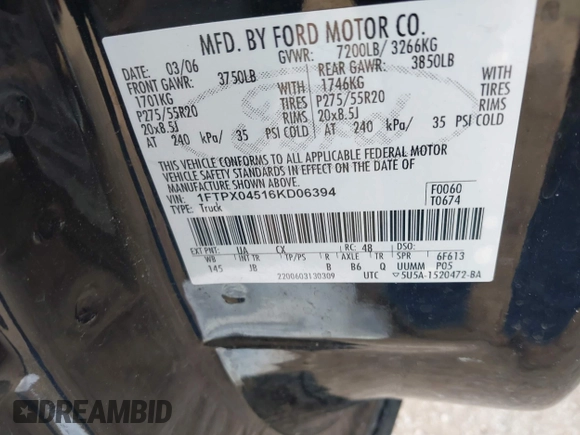 2006 Ford F-150 XLT с VIN 1FTPX04516KD06394, выставлен на аукционе IAAI как лот 41940916 с пробегом 169 274 миль миль и . История ставок и продаж доступна на DreamBid. Изображение 9.