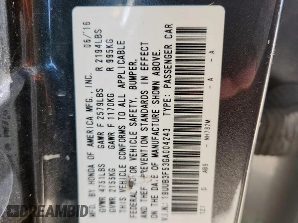 2016 Acura TLX Technology with VIN 19UUB3F53GA004243, listed as a Copart auction lot 61024325 with Not provided miles and Salvage title. Bid and sale history available at DreamBid. Image 12.