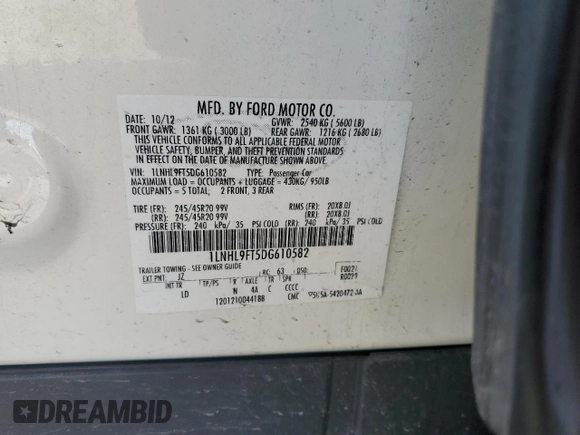 2013 Lincoln MKS EcoBoost with VIN 1LNHL9FT5DG610582, listed as a Copart auction lot 47366435 with 145,038 mi miles and Salvage title. Bid and sale history available at DreamBid. Image 13.