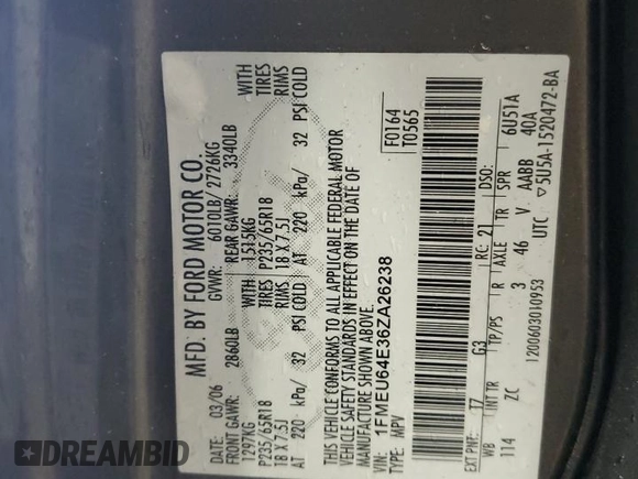 2006 Ford Explorer Eddie Bauer z VIN 1FMEU64E36ZA26238, wystawiony jako Copart lot #52496495 z przebiegiem 259 803 mil mil oraz Szkoda całkowita • Salvage title. Historia ofert i sprzedaży dostępna na DreamBid. Obrazek 13.