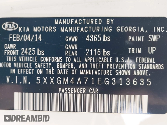2014 Kia Optima LX with VIN 5XXGM4A71EG313635, listed as a IAAI auction lot 38894516 with 95,852 mi miles. Bid and sale history available at carsss.com. Image 9.