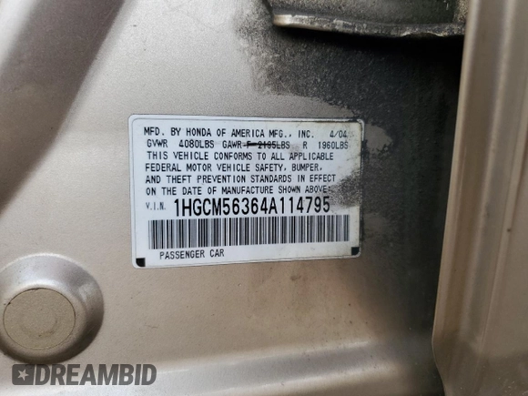 2004 Honda Accord LX z VIN 1HGCM56364A114795, wystawiony jako Copart lot #53898405 z przebiegiem 174 021 mil mil oraz Szkoda całkowita • Salvage title. Historia ofert i sprzedaży dostępna na DreamBid. Obrazek 12.