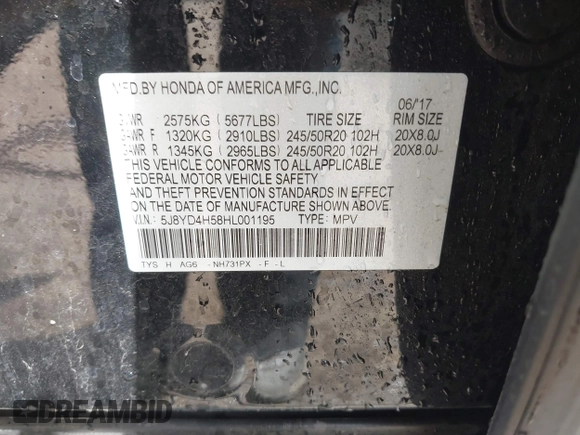 2017 Acura MDX Technology with VIN 5J8YD4H58HL001195, listed as a IAAI auction lot 42032802 with 94,831 mi miles and . Bid and sale history available at DreamBid. Image 9.