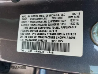 2018 Honda CR-V Touring with VIN 7FARW1H90JE030766, listed as a IAAI auction lot 41637900 with Not Provided miles and . Bid and sale history available at DreamBid. Image 9.