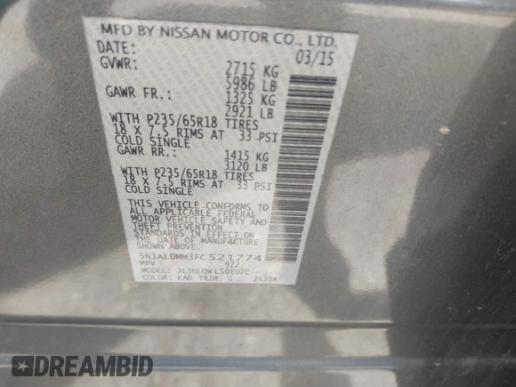 2015 Infiniti QX60 z VIN 5N1AL0MM3FC521774, wystawiony jako IAAI lot #42182939 z przebiegiem 99 438 mil mil oraz . Historia ofert i sprzedaży dostępna na DreamBid. Obrazek 9.