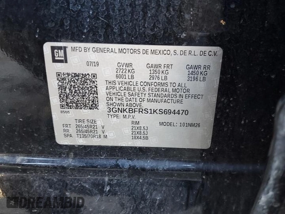 2019 Chevrolet Blazer Premier with VIN 3GNKBFRS1KS694470, listed as a Copart auction lot 84202244 with 56,069 mi miles and Salvage title. Bid and sale history available at DreamBid. Image 15.