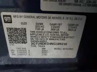 2022 GMC Sierra 1500 Limited SLT with VIN 3GTU9DED4NG189216, listed as a Copart auction lot 43121895 with 33,775 mi miles and Salvage Title. Bid and sale history available at carsss.com. Image 12.