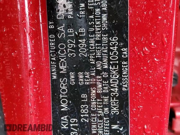 2019 Kia Forte S z VIN 3KPF34AD6KE105436, wystawiony jako Copart lot #52381675 z przebiegiem 102 162 mil mil oraz Szkoda całkowita • Salvage title. Historia ofert i sprzedaży dostępna na DreamBid. Obrazek 13.