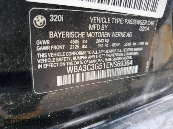 2014 BMW 3 Series 320i xDrive with VIN WBA3C3G51ENS69364, listed as a Copart auction lot 58920115 with 117,209 mi miles and Salvage title. Bid and sale history available at DreamBid. Image 13.
