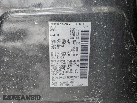 2013 Nissan Pathfinder S with VIN 5N1AR2MM1DC630287, listed as a Copart auction lot 45275765 with 129,387 mi miles and Salvage Title. Bid and sale history available at carsss.com. Image 15.