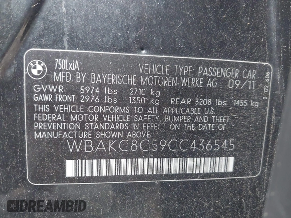 2012 BMW 7 Series 750Li xDrive with VIN WBAKC8C59CC436545, listed as a IAAI auction lot 42438798 with Not provided miles and . Bid and sale history available at DreamBid. Image 9.
